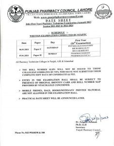 Punjab pharmacy council roll no slip 2023 pdf download