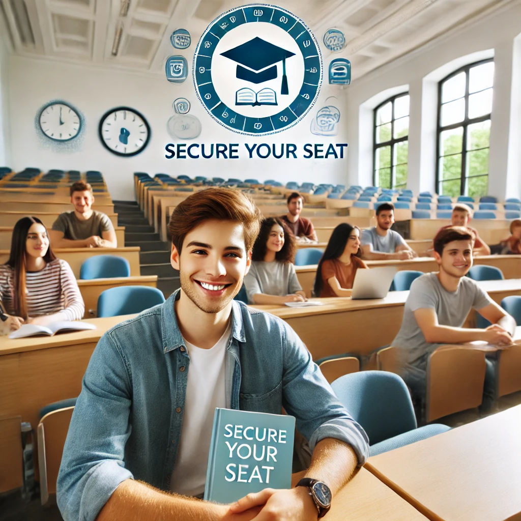 DALL·E 2024 12 18 08.12.51 A welcoming university classroom setting for Secure Your Seat. Students sitting on comfortable chairs in a bright modern lecture hall ready for th